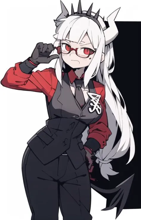 lucifer(helltaker),over-rim eyewear,classroom,nose blush,cut-in,
shirt, pants, white gloves, belt, demon horns,
,glint,expression chart,
black necktie, looking at viewer, formal, demon girl, red eyes, 1girl, white hair, tail, mole, necktie, solo, suit, white horns, black pants, horns, large breasts, demon tail, jacket, red shirt, gloves, long hair<lora:lucifer:0.8> <lora:Helltaker:0.4> <lora:40_niji:0.7>