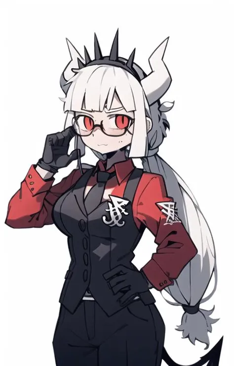 lucifer(helltaker),over-rim eyewear,classroom,nose blush,cut-in,
 shirt, pants, white gloves, belt, demon horns,
,glint,expression chart,
black necktie, looking at viewer, formal, demon girl, red eyes, 1girl, white hair, tail, mole, necktie, solo, suit, white horns, black pants, horns, large breasts, demon tail, jacket, red shirt, gloves, long hair<lora:lucifer:0.8> <lora:Helltaker:0.4>   <lora:40_niji:0.7>