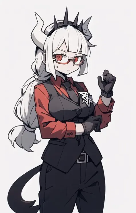 lucifer(helltaker),over-rim eyewear,classroom,nose blush,cut-in,
shirt, pants, white gloves, belt, demon horns,
,glint,expression chart,
black necktie, looking at viewer, formal, demon girl, red eyes, 1girl, white hair, tail, mole, necktie, solo, suit, white horns, black pants, horns, large breasts, demon tail, jacket, red shirt, gloves, long hair<lora:lucifer:0.8> <lora:Helltaker:0.4> <lora:40_niji:0.7>