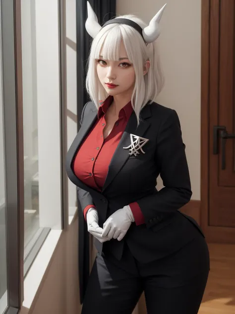 (Masterpiece:1.4), (best quality:1.2), looking at viewer, tall female, standing, naughty face, looking at viewer, abs, 
1girl, solo, mature female,thick thighs, depth of field, narrow waist, busty, curvy,
Massive breasts,wide hips,
lucifer(helltaker), demon horns, demon girl, red eyes, white hair, demon tail, white horns, red eyes, bangs, black button jacket,white gloves,red collared shirt,long sleeves,vest, business suit, 
sun light, apartment, bright,
