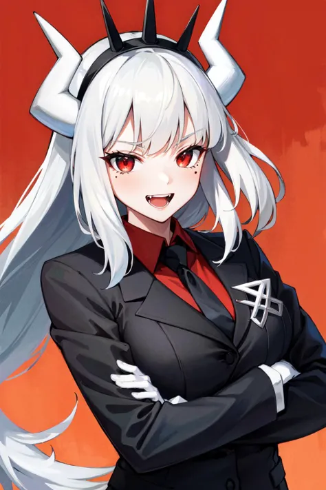 masterpiece, best quality, 1girl, justice(helltaker), lucifer(helltaker), black jacket, fangs, shirt, white gloves, demon horns, black necktie, looking at viewer, formal, upper body, demon girl, red eyes, smile, red background, 1girl, white hair, open mouth, tail, collared shirt, mole, necktie, solo, suit, white horns, horns, demon tail, long sleeves, jacket, red shirt, gloves, long hair, crossed arms,