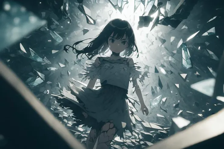 A captivating anime illustration of a woman stepping through a black-and-white doorway into a vibrant, colorful world. She wears a simple dress and has a look of amazement and wonder on her face. The newly discovered world is filled with lush greenery, bright flowers, and a rainbow stretching across the sky. The contrast between the bleak and the colorful worlds is stark, showcasing a powerful transition and a visual feast for the eyes., anime, illustration
