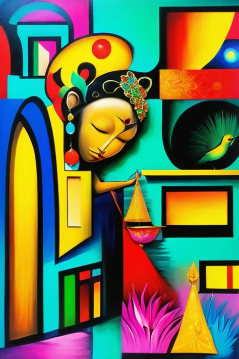 Vibrant colours, rococopunk, fibonacci, zentangle, Bold Brush Strokes, Strong Symbolic Imagery.
Deeply Personal, Reflective of Emotional and Physical Struggles.
Mexican Culture, Folklore, Surrealism.
Highly Emotional Depictions of Pain, Suffering, and the Human condition.
Symbolism of The Monkey and the Humming Bird, Symbols of Hope and Duality.
