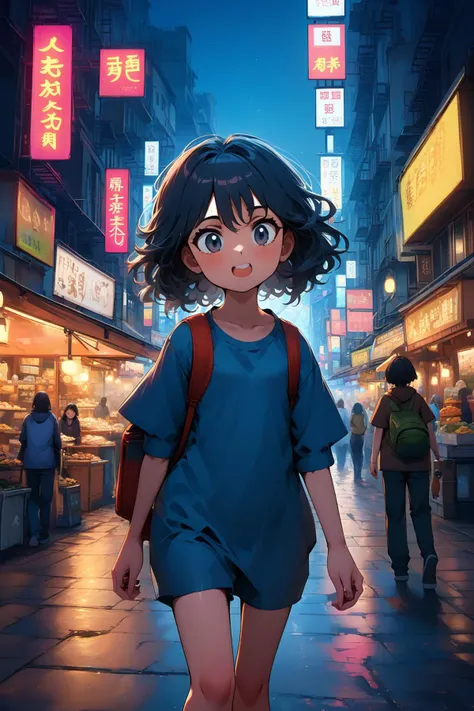 A young girl with short, wavy hair is walking through a vibrant city street at night. Neon signs and streetlights illuminate the scene, creating a colorful, bustling atmosphere. She carries a small backpack and looks around with a sense of wonder and curiosity. Her expression is a mix of excitement and awe as she takes in the sights and sounds of the city. The background features various shops, people, and a street vendor selling food, adding to the lively urban vibe.