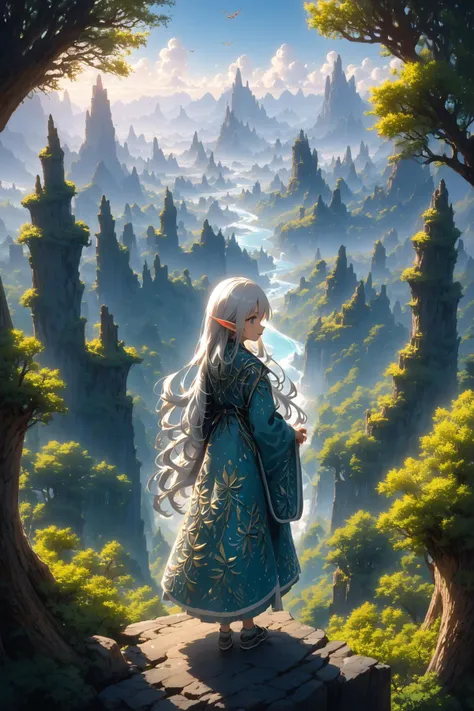 A young elf girl with long, flowing silver hair stands on a cliff, her face clearly visible as she gazes over a vast, enchanted forest. The forest stretches out to the horizon, with towering ancient trees and sparkling rivers winding through the landscape. In the distance, majestic mountains rise, their peaks shrouded in mist. The girl is dressed in elegant, intricate robes adorned with delicate leaf patterns. She has a serene expression, her eyes reflecting the beauty and mystery of the world before her. Above, the sky is a deep blue, dotted with floating islands and mythical creatures soaring through the air.