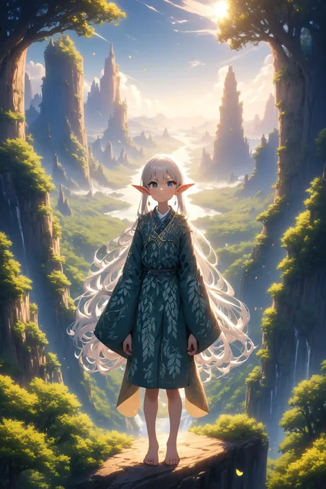 A young elf girl with long, flowing silver hair stands on a cliff, her face clearly visible as she gazes over a vast, enchanted forest. The forest stretches out to the horizon, with towering ancient trees and sparkling rivers winding through the landscape. In the distance, majestic mountains rise, their peaks shrouded in mist. The girl is dressed in elegant, intricate robes adorned with delicate leaf patterns. She has a serene expression, her eyes reflecting the beauty and mystery of the world before her. Above, the sky is a deep blue, dotted with floating islands and mythical creatures soaring through the air.
