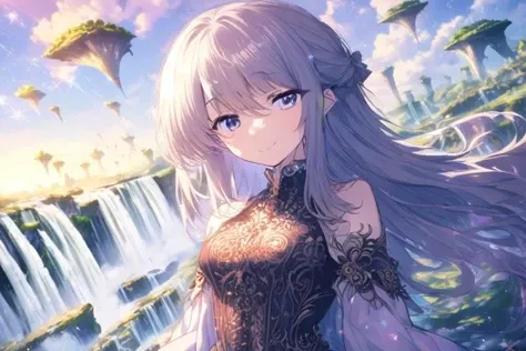 Close-up of a beautiful girl in an anime style set in a fantasy world. She has long flowing hair and is wearing an elegant, intricate outfit adorned with magical elements. Her expression is gentle and serene, with a slight smile. The background features a dreamy landscape with floating islands and sparkling waterfalls, adding to the enchanting atmosphere.