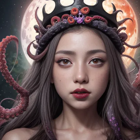 japanese line art  , High detail, high definition, and highly detailed masterpiece. Double exposure of ( 1 young girl grey eyes with black freckles all over her body, crown made of eyes, getting fucked by octopus)  and (purple red and green tentacles with eyes). Mystical, luminist atmosphere. In the style of takato yamamoto,  red full moon on background , <lora:takma2:1.2>