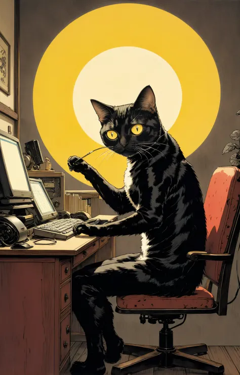 japanese line art, horror painting, a cute cat sitting at his desk working hard on his vintage computer to generate more images of anime girls with big boobs, yellow sun, in the style of takato yamamoto <lora:takma2:1>