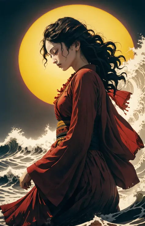 analog film photo. from the side of a statuesque Moroccan woman with a tired expression embracing the waves of crashing blood, yellow sun, in the style of takato yamamoto <lora:takma2:1>. Hard light, hard shadows, faded film, desaturated, 35mm photo, grainy, vignette, vintage, Kodachrome, Lomography, stained, highly detailed, found footage