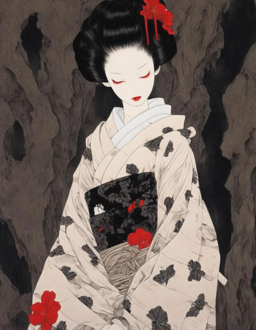 black and white line art painting , floral print, flower, hair ornament, japanese clothes, kimono, obi, red lips, sash , dark ambiance , skeletal body parts, weathered canvas and brushstroke , , in the style of takato yamamoto <lora:takma2:1>