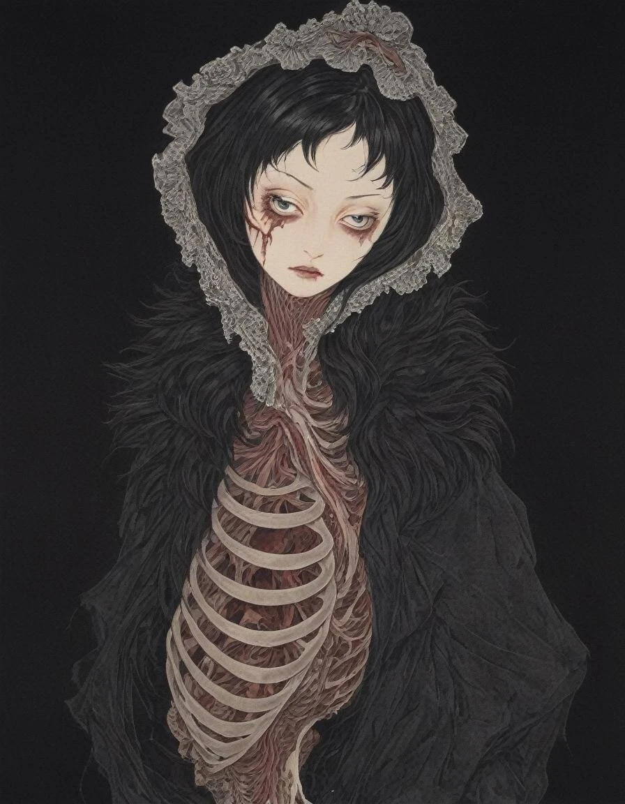 japanese line art ,a mature woman wearing a black large fur coat with skeletal hands, flesh of her cheek missing exposing buccinator muscle and mandible bone , dripping blood, skeletal figures, gore, (aged black background:1.2) , weathered canvas and brushstroke , (intricate eyeball pattern background:1) , , bad quality , low res, , in the style of takato yamamoto unfinished, ugly, <lora:takma2:1.2>