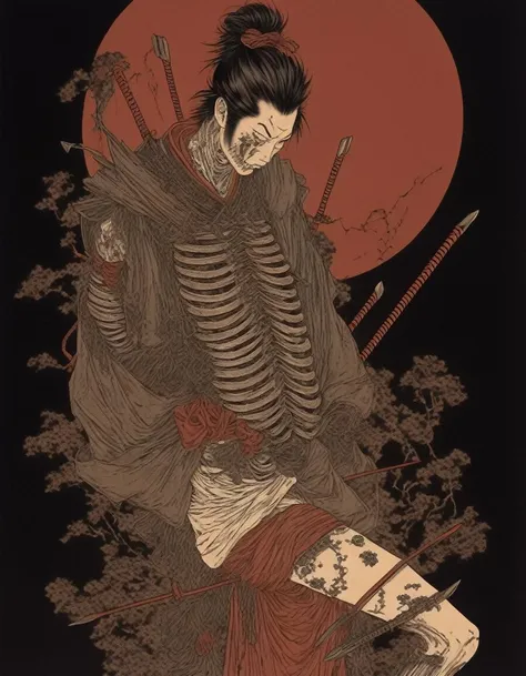 Japanese line drawing 、((Wearing tights))、   , A samurai( Tied to a wooden steak、There are many arrows stuck in it,:1.2) The skeletal structure of the lower body cannot be seen , Torn rag, Rope and bloody ground, Black sky and big moon , Floral Damask Background ,  Takato Yamamoto style、masterpiece,Highest quality,Absurd,Attention to detail,8K,Realistic,get away far from,Cowboy Shot,One girl,Great body,Long Hair,compensate,Outstretched arms,Full body frontal photo,Symmetric的なポーズ,Necromancer,Bone ornament,Cemetery,A skeleton comes out of the ground,Living things,Ancient,dark,evil,Complex, elegant, Very detailed, Symmetric, Magical atmosphere, Sharp focus, Majestic, extremely coherent, Shine, Advanced, Cinematic, Artistic, The finer details, victory, beautiful, amazing, Dramatic Light, design, Rich and deep colors, A perfect professional background, Surroundings, Customized set configuration