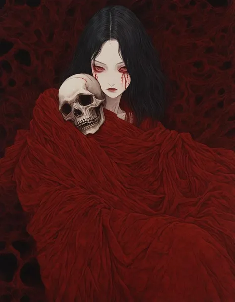 horror painting , young woman cradling a skull surrounded by endless blood red velvet blankets , in the style of takato yamamoto , <lora:takma2:1>