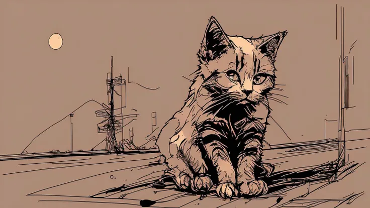 nvinkpunk, cat near road, highway, dawn, sunset ,colorful