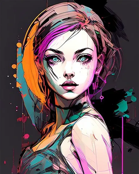 abstract painting, nvinkpunk, cute girl, wide brushwork, stained patterns, colors pink, red, blue, green, white, black, magenta, orange, pool green, purple, random drip paint, splashes, 4k, full body