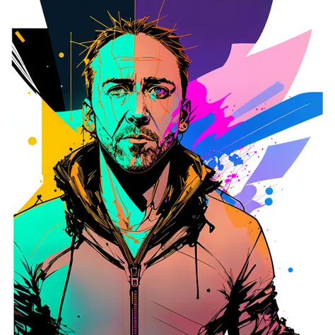 nvinkpunk, Nicolas Cage, looking to the side, stars in the background, paint splashes, splatter, outrun, vaporware, cell shaded, Classic headshot pose, (masterpiece:1.2), best quality, (masterpiece:1.2), best quality, (masterpiece:1.2), best quality, (masterpiece:1.2), best quality, (masterpiece:1.2), best quality, (masterpiece:1.2), best quality, (masterpiece:1.2), best quality, (masterpiece:1.2), best quality, (masterpiece:1.2), best quality