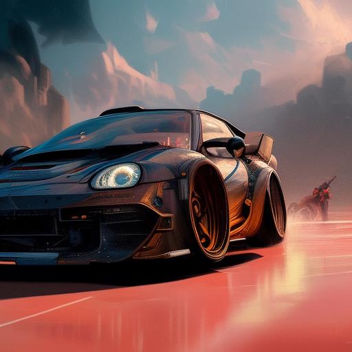 A close up of a car driving on a road with a sky background - SeaArt AI