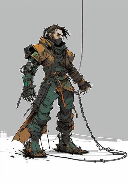 nvinkpunk of a rustic wired [robot |ninja] with a sword and a chain attached to it's back legs and arm, standing on a white surface