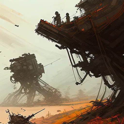 ((best quality)), ((masterpiece)), ((detailed)), Meticulous, (Spectacular), Impressive, (crashed spacecraft ruins:1.3) on a hillside, great composition, concept art, highly detailed, (art by Jakub_Rozalski)