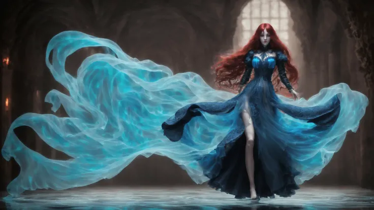((medium close shot)), ((Beautiful ghost woman in Style-Glass)), ((long flowing hair)), (translucent), ((transparent glowing blue and dark red)), ((ethereal)), ((glowing ghost)), (otherworldly), (in medieval torn and ragged dress flowing), (barefoot), (floats in the air), (inside the corridors of an ancient detailed well appointed dark castle ballroom), (floating), (dark interior), particle effects, (dynamic pose), (good composition), (cloth simulation), (subtle lighting), (award winning), (breathtaking), (masterpiece), style-sylvamagic, lewd, sexy, hot, nsfw, (one person only) (one person) (one head)