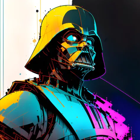 nvinkpunk, Darth Vader in full helmet and mask, abstract colorful blotchy imperial background, drippy color splashes, upper torso