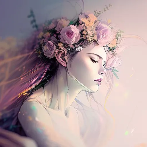 A botanical masterpiece in the style of Marco Mazzoni, detailed, hyper-realistic, elemets of symbolism and surrealism, a painting by mse a renaissance woman by agnes cecile, luminous design, pastel colours, ink drips, spring lights, intricate design, intertwined, beautiful renaissance woman, flowers, pastel