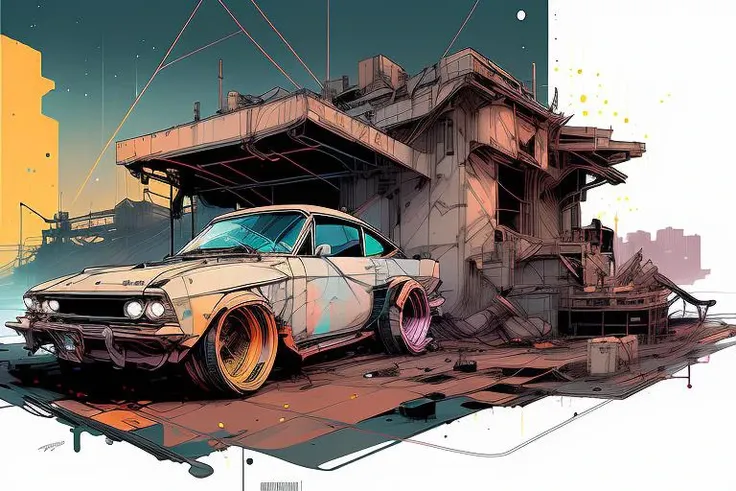 nvinkpunk, painting of Gautam city with Bat mobile rotting, high quality,