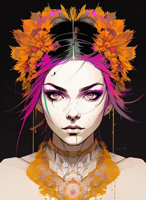 nvinkpunk (symmetry:1.1) (portrait of floral:1.05) a woman as a beautiful goddess, (assassins creed style:0.8), pink and gold and opal color scheme, beautiful intricate filegrid facepaint, intricate, elegant, highly detailed, digital painting, artstation, concept art, smooth, sharp focus, illustration, art by greg rutkowski and alphonse mucha, 8k