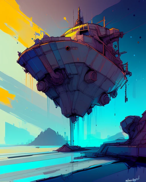 nvinkpunk water painting of an old space ship landed