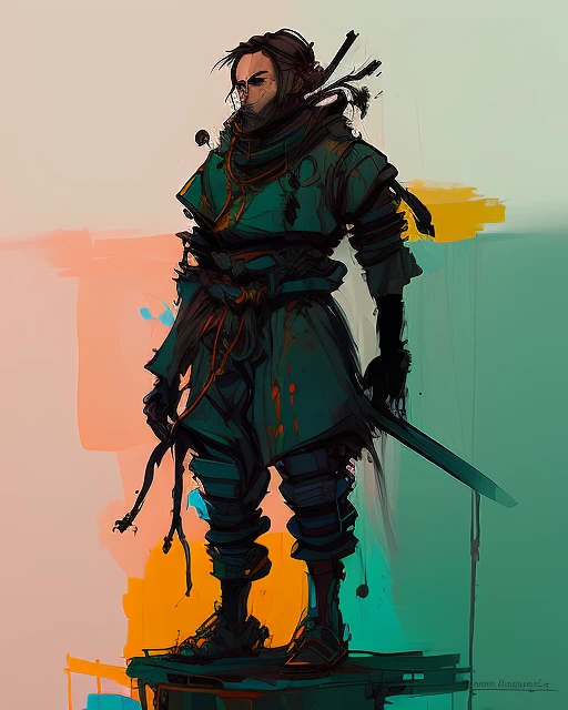 nvinkpunk oil painting   of a  [robot|samurai] with a sword and a chain attached to it's back legs and arm, standing on a white surface