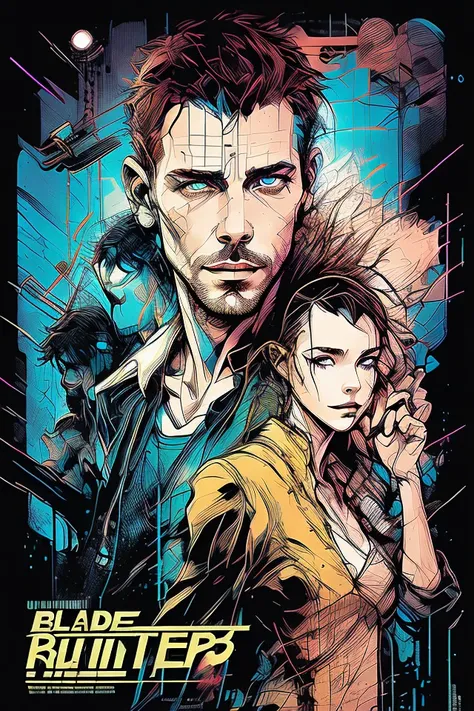 nvinkpunk, 8k, masterpiece, best quality, ultra-detailed, a movie poster for blade runner the final cut with a man and woman in the rain and a man holding a gun, by Terada Katsuya