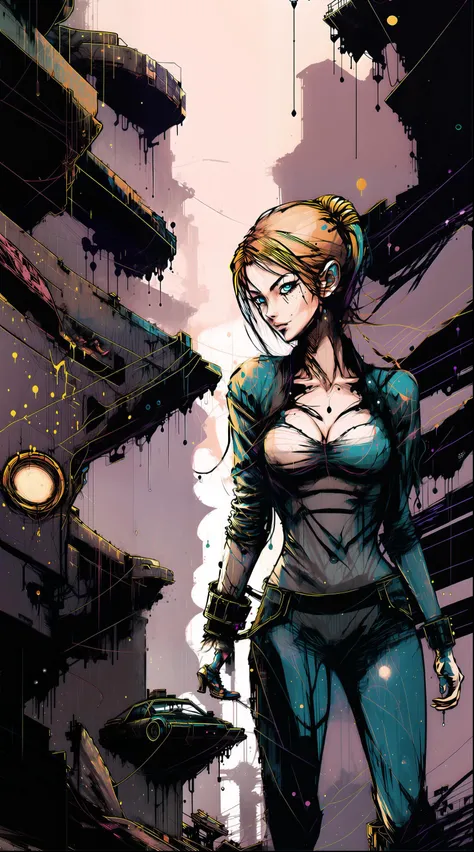 1girl, nvinkpunk, masterpiece, best quality, award winning, High Detail ,8k, intricate, colors, random dripping paint, splashes, beautiful scenery, mountain, forest, castle, <lora:samus-nvwls-v1-final:1>, samus aran, zero suit, <lora:add_detail:1>