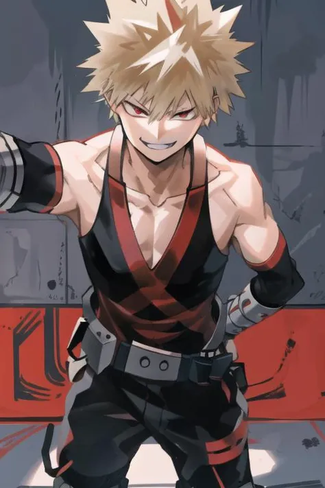 kabedon pov, red eyes, bakugou katsuki, short hair, spiky hair, by horikoshi kouhei, blonde hair, smirk, spiky hair, <lora:horikoshi_kouhei-000030:0.3>, <lora:BakugouKatsukiV1:0.5>, upper body, looking at viewer, simple blue background, 1boy solo, two-tone gloves, green belt, black tank top, bare shoulders, superhero, knee pads, black pants, boots, <lora:kabedon_view:1.2>, (concrete wall in the background), (smirk:1.4), looking at viewer, crazy smile