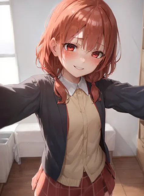 absurdres, masterpiece, best quality,anime, 1girl solo, kabedon pov, cute, petite, small breasts , plaits, ginger hair, freckels ,school uniform, smiling, blushing, parted lips ,red lisptick, skirt<lora:kabedonReceiversPOV_1girlSoloKabedonPov:1>