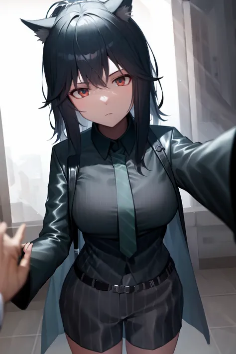 masterpiece, best quality, highres, 1girl solo, texas, kabedon pov, expressionless, looking at viewer, close-up <lora:kabedon_view:1.0> <lora:ArknightTexas_arknightTexas:1>