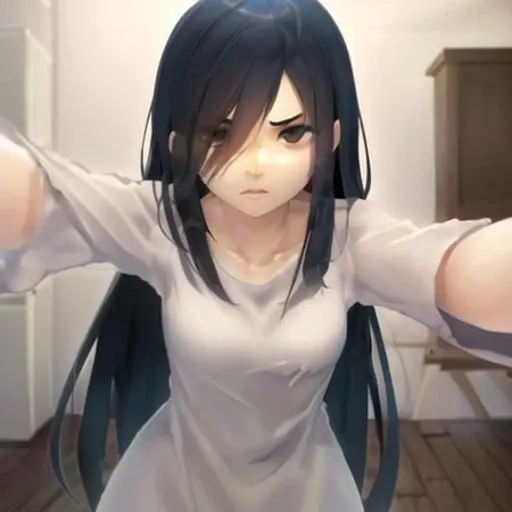 masterpiece, best quality,sadako_yamamura, <lora:Sadakobest:0.8>, white dress,<lora:kabedonReceiversPOV_1girlSoloKabedonPov:1>,1girl solo, (kabedon pov), Straight Face,Neutral Face, <lora:stylized3DModelLora_v20:1>, <lora:epiNoiseoffset_v2:2>,