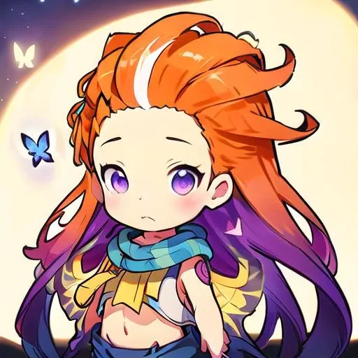 masterpiece, best quality, illustration,
game icon institute,game icon,
 (disheveled hair),[orange hair:purple buttom hair:0.8],forehead,zoe,long hair,multicolored hair,blue and purple  eyes,
,bug, butterfly, cloud, flying, night, night_sky, sky, space, star_\(sky\), starry_sky,