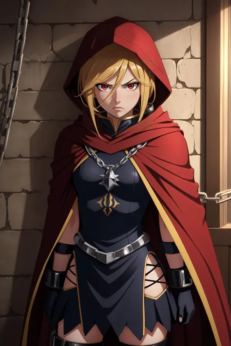 (masterpiece, best quality),  intricate details,
1girl,   <lora:evileye_overlord-10:0.8> evileye_overlord, blonde hair, red eyes, cape, torn clothes, cloak, hooded cloak, mask
shackles, chains, cell, locked up, bound, chained to wall, angry,  indoors,