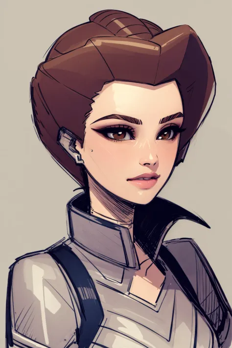 masterpiece, best quality, 1girl, ladyjessica, brown hair, short hair, brown eyes, makeup, lips, sketch, closeup, solo, simple background <lora:LadyJessica:1>