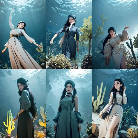 (otherworldly, otherworldly atmosphere, otherworldly appearance), highly insanely detailed, masterpiece, top quality, best quality, highres, 4k, 8k, RAW photo, collar, earrings, jewelry, necklace, armlet,
(long_hair, long hair, random colors cloth, random colors hair, random long hair, dynamic hair, glowing hair, hair over one eye),
(eyelashes, eyeliner, eyeshadow, eyelashes),
pink lipstick,
makeup,
((ancient egyptian theme)), golden ornaments,
1girl, (portrait:0.4), nsfw,
((desert, Mexico, cacti, underwater)),
a grove of mechanical trees swaying to the rhythm of coded breezes, (tranquil:0.6), (serene:0.5),
long messy hair,
1girl, (from below),
green and purple fire,
1girl, (lower body, hospital), <lora:Surgical uniform:0.9>, (surgical_uniform, mask, long sleeves, surgical mask,long dress, latex gloves,hat covering hair, hat), <lora:Aya Kawasaki:0.5>, (akiko satou, 3dcg 01, 1girl, solo, twintails, brown eyes, medium breasts, medium hair, mole under eye, dark blue hair, double side ponytail), (fantasy world)