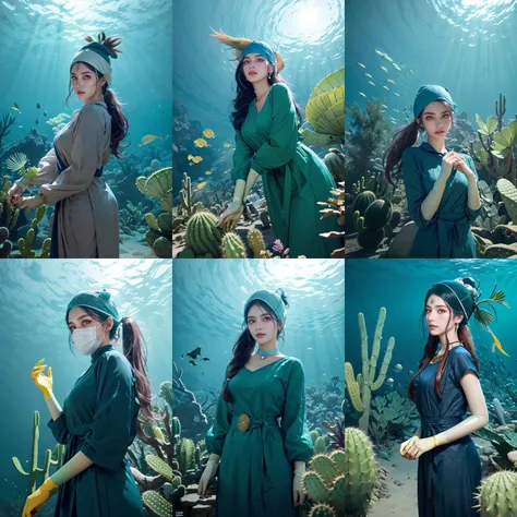 (otherworldly, otherworldly atmosphere, otherworldly appearance), highly insanely detailed, masterpiece, top quality, best quality, highres, 4k, 8k, RAW photo, collar, earrings, jewelry, necklace, armlet,
(long_hair, long hair, random colors cloth, random colors hair, random long hair, dynamic hair, glowing hair, hair over one eye),
(eyelashes, eyeliner, eyeshadow, eyelashes),
pink lipstick,
makeup,
((ancient egyptian theme)), golden ornaments,
1girl, (portrait:0.4), nsfw,
((desert, Mexico, cacti, underwater)),
a grove of mechanical trees swaying to the rhythm of coded breezes, (tranquil:0.6), (serene:0.5),
long messy hair,
1girl, (from below),
green and purple fire,
1girl, (lower body, hospital), <lora:Surgical uniform:0.9>, (surgical_uniform, mask, long sleeves, surgical mask,long dress, latex gloves,hat covering hair, hat), <lora:Aya Kawasaki:0.5>, (akiko satou, 3dcg 01, 1girl, solo, twintails, brown eyes, medium breasts, medium hair, mole under eye, dark blue hair, double side ponytail), (fantasy world)