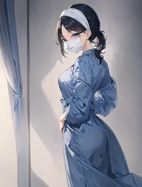 ((masterpiece, best quality, high quality)),1girl, (lower body, hospital), <lora:Surgical uniform:0.9> (surgical_uniform, mask, long sleeves, surgical mask,long dress, gloves,hat covering hair, hat,hair cover), <lora:Kaede Sakata:0.7> (1girl, 3dcg 07, black hair, blue eyes, curtained hair, kaede sakata, low twintails, medium breasts, parted bangs, ponytail, short hair, solo, twintails),