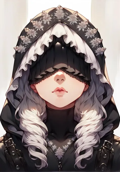 score_9,score_8_up,score_7_up,score_6_up,score_5_up,score_4_up heaven, portrait, black eyes, ivory hair, hoodie,culottes, lace, layered haircut, covered eyes, <lora:MorryEvansXL:0.8>,