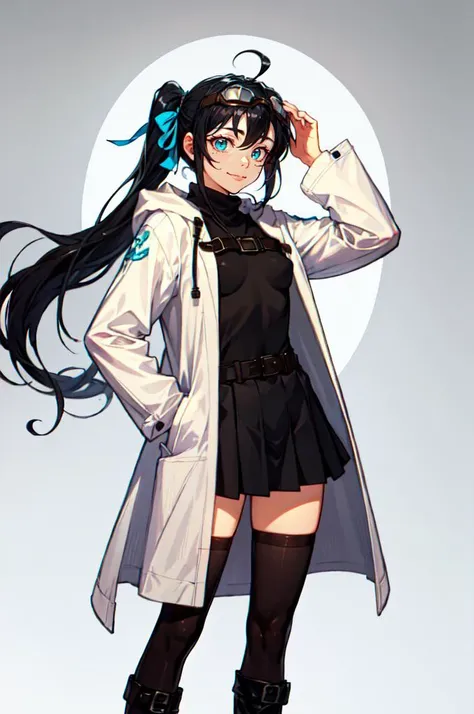 <lora:MorryStyle:0.75> (goggles on head:1.2),, absurdres, ultra detailed, masterpiece, best quality, aesthetic, detailed,, katya1, solo, smile, 1girl, aqua eyes, black hair, <lora:low_ponytail-1.0:0.7> low ponytail, ahoge, absurdly long hair, very long hair, hair flaps, hair between eyes, bangs, crossed bangs, messy hair, small breasts, goggles on head, closed mouth,, hooded coat, open coat, turtleneck, pants, black knee boots, multiple straps, white coat, layered clothes, hair ribbon, pants under skirt,