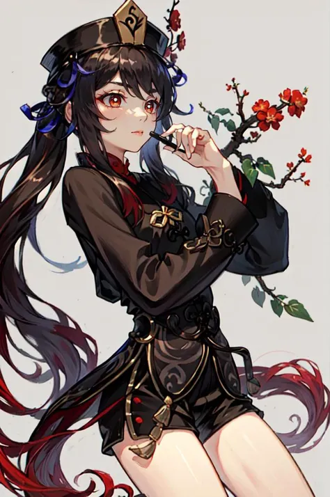 <lora:MorryStyle:0.75> <lora:Hu_Tao_Genshin:0.5> Hu_Tao_Genshin, 1girl, solo, long hair, red eyes, brown eyes, flower-shaped pupils, twintails, hu tao \(genshin impact\), hat, long sleeves, hat flower, jewelry, chinese clothes, shorts,, absurdres, ultra detailed, masterpiece, best quality, aesthetic, detailed,