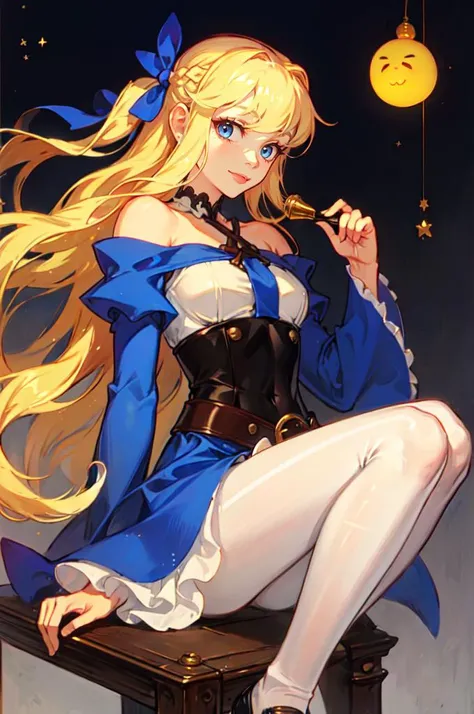 <lora:MorryStyle:0.75>, absurdres, ultra detailed, masterpiece, best quality, aesthetic, detailed,, solo, soft smile, light smile,
katya1, 1girl, blue eyes, very long hair, blonde hair, long blonde hair, french braid, bangs, medium breasts,, hair ribbon, frilled choker, criss-cross halter, sleeveless dress, high-waist skirt, backless dress, waist bow, detached sleeves, frilled sleeves, wide sleeves, pantyhose, patterned legwear, mary janes,