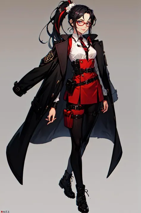 <lora:MorryStyle:0.5>, absurdres, ultra detailed, masterpiece, best quality, aesthetic, detailed,, solo, smug smile, 1girl, purple eyes, red-framed eyewear, (black hair, red colored tips:1.2), red streaked hair, very long hair, side ponytail, tied hair, medium breasts,, <lora:StS-Coat-and-Jacket-On-Shoulders-Iteration2:0.7> dataset, jacket on shoulders, coat on shoulders, red dress, sleeves rolled up, fingerless gloves, holster, belt, multiple belts, combat boots, bulletproof vest, pants, black coat, tactical clothes,