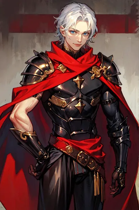 <lora:MorryStyle:0.75>  red theme,, absurdres, ultra detailed, masterpiece, best quality, aesthetic, detailed,, solo, smile, 1boy, blue eyes, medium blonde hair, parted bangs, hair intakes, male focus, muscular male,, armor, pauldrons, cuirass, gauntlets, waist cape, greaves, black bodysuit, surcoat, shoulder sash, wing shoulder armor, cape, pants,