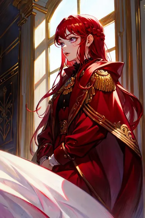 <lora:MorryStyle:0.75> <lora:pride_royal_V2:0.5> pride royal ıv, purple eyes, red hair, swept bangs, long hair, red dress, red coat,, absurdres, ultra detailed, masterpiece, best quality, aesthetic, detailed,